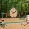 Acrylic table clock with heartbeat waveform and stethoscope design, wood-inlay finish, and doctor’s name