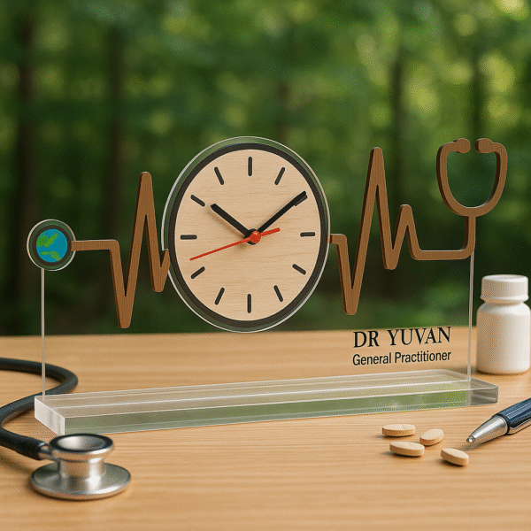 Acrylic table clock with heartbeat waveform and stethoscope design, wood-inlay finish, and doctor’s name