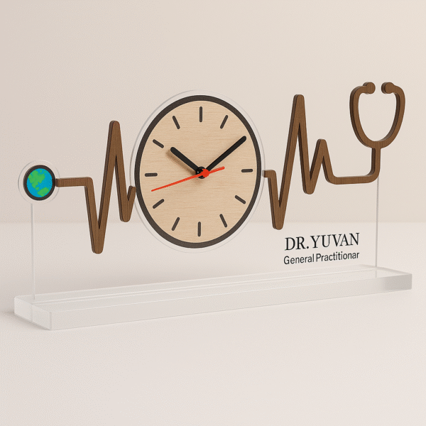 Acrylic table clock with heartbeat waveform and stethoscope design, wood-inlay finish, and doctor’s name
