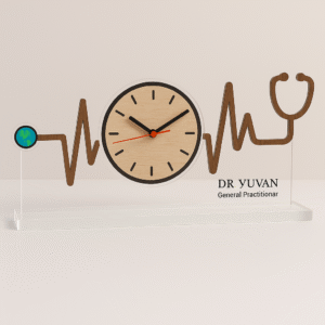 Acrylic table clock with heartbeat waveform and stethoscope design, wood-inlay finish, and doctor’s name