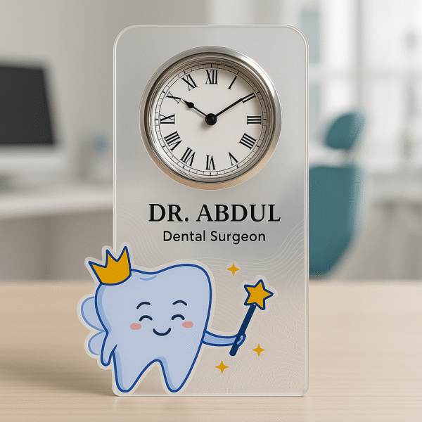 Acrylic table clock for dentists with personalized name, dental cartoon, and Roman numeral clock