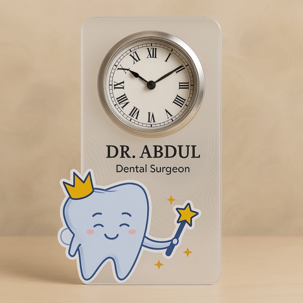 Acrylic table clock for dentists with personalized name, dental cartoon, and Roman numeral clock
