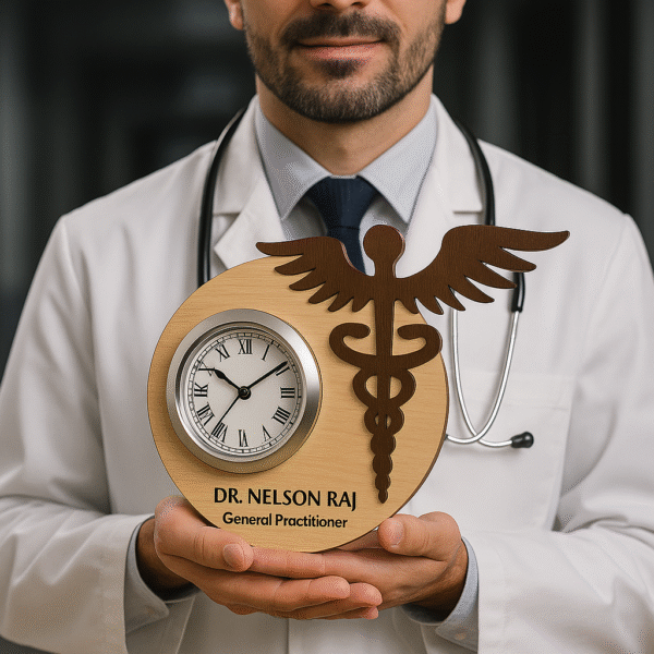 Wood-textured round table clock with caduceus medical emblem and personalized name for general practitioners