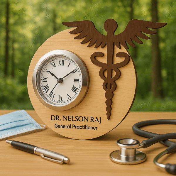 Wood-textured round table clock with caduceus medical emblem and personalized name for general practitioners