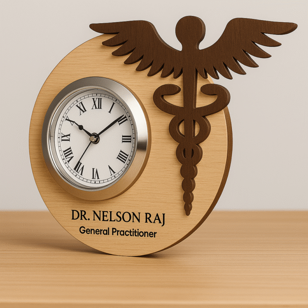 Wood-textured round table clock with caduceus medical emblem and personalized name for general practitioners