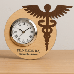 Wood-textured round table clock with caduceus medical emblem and personalized name for general practitioners