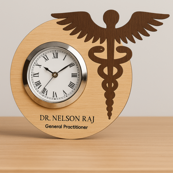 Wood-textured round table clock with caduceus medical emblem and personalized name for general practitioners