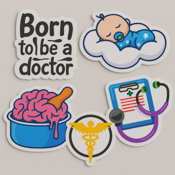 Set of 5 small vinyl doctor-themed stickers including “Born to be a doctor,” baby sleeping on cloud, brain in bowl, caduceus symbol, and stethoscope with clipboard — perfect for laptops, bottles, and phones.