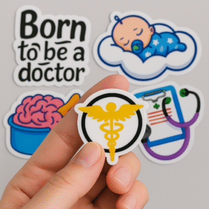 Set of 5 small vinyl doctor-themed stickers including “Born to be a doctor,” baby sleeping on cloud, brain in bowl, caduceus symbol, and stethoscope with clipboard — perfect for laptops, bottles, and phones.