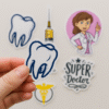 Set of 5 vinyl doctor-themed stickers including a cartoon doctor, syringe, molar tooth, Caduceus symbol, and “Super Doctor” quote — perfect for laptops and bottles.