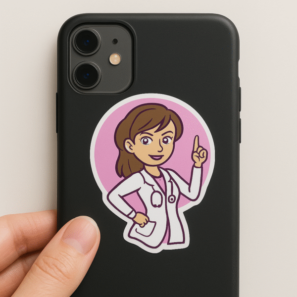 Set of 5 vinyl doctor-themed stickers including a cartoon doctor, syringe, molar tooth, Caduceus symbol, and “Super Doctor” quote — perfect for laptops and bottles.