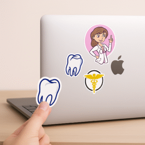 Set of 5 vinyl doctor-themed stickers including a cartoon doctor, syringe, molar tooth, Caduceus symbol, and “Super Doctor” quote — perfect for laptops and bottles.