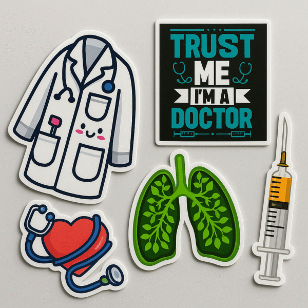 Set of 5 vinyl stickers including a cute doctor coat, “Trust Me I’m a Doctor” quote, syringe, anatomical lungs, and heart with stethoscope — perfect for medical professionals.