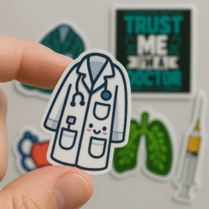 Set of 5 vinyl stickers including a cute doctor coat, “Trust Me I’m a Doctor” quote, syringe, anatomical lungs, and heart with stethoscope — perfect for medical professionals.