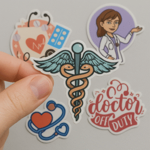 Sticker set featuring “Doctor Off Duty” quote, heart stethoscope, cartoon doctor, pills and heartbeat icon, and green-gold medical caduceus — ideal for doctors’ personal accessories.