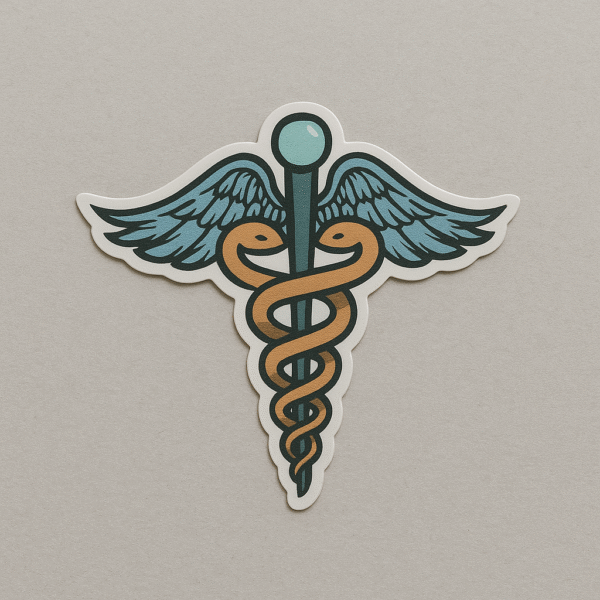 Sticker set featuring “Doctor Off Duty” quote, heart stethoscope, cartoon doctor, pills and heartbeat icon, and green-gold medical caduceus — ideal for doctors’ personal accessories.