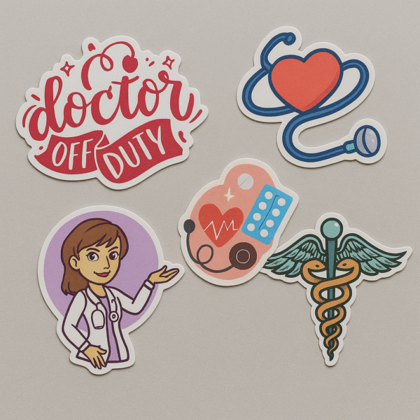 Sticker set featuring “Doctor Off Duty” quote, heart stethoscope, cartoon doctor, pills and heartbeat icon, and green-gold medical caduceus — ideal for doctors’ personal accessories.
