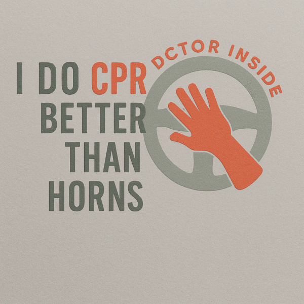 Square doctor car sticker with “I do CPR better than horns” message, CPR hand on steering wheel, and “Doctor Inside” arc – made for medical professionals’ vehicles.