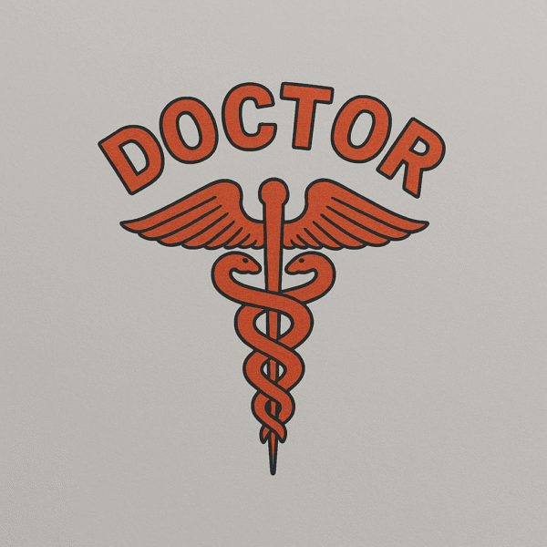 Sticker featuring the word “DOCTOR” in bold red lettering above the Caduceus medical symbol — made for display on doctors’ cars or scooters.