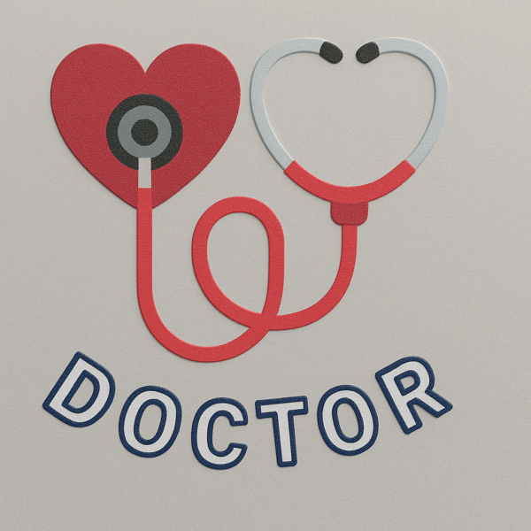 Car sticker with a red heart connected to a stethoscope forming a second heart, with the word “DOCTOR” written below in bold blue outline letters.