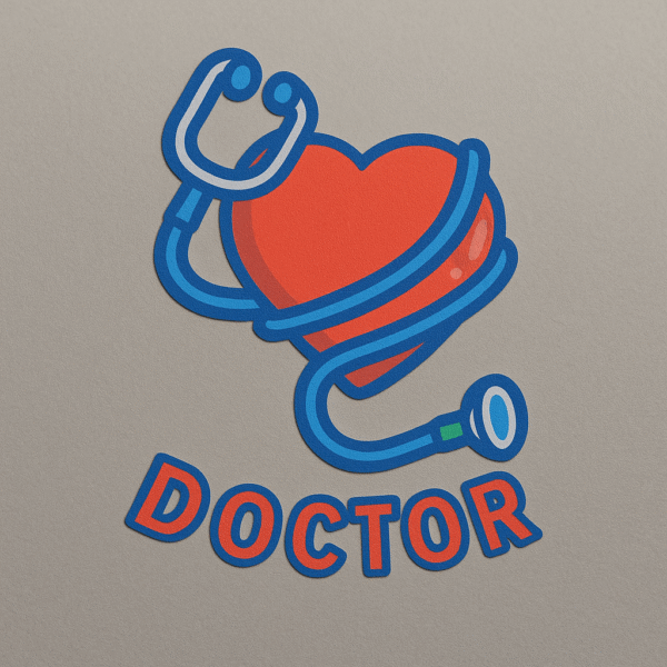 Car sticker featuring a red heart wrapped with a blue stethoscope and the word “DOCTOR” in bold red and blue lettering, designed for medical professionals
