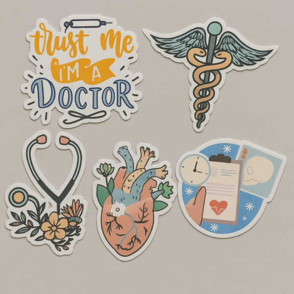 Sticker set with hand-drawn designs including “Trust Me I’m a Doctor,” caduceus, floral stethoscope, anatomical heart with flowers, and clipboard with clock and x-ray.