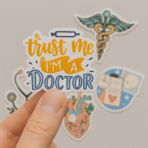 Sticker set with hand-drawn designs including “Trust Me I’m a Doctor,” caduceus, floral stethoscope, anatomical heart with flowers, and clipboard with clock and x-ray.