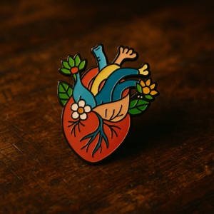 Vibrant anatomical heart brooch with floral detailing, designed exclusively for medical professionals.
