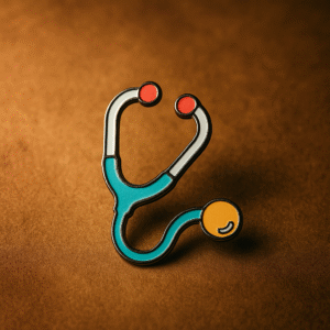 Vibrant enamel brooch shaped like a stethoscope, crafted exclusively for doctors and medical professionals.