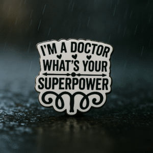 White and black enamel brooch with the quote “I’m a Doctor, What’s Your Superpower?” designed exclusively for doctors.