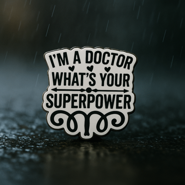 White and black enamel brooch with the quote “I’m a Doctor, What’s Your Superpower?” designed exclusively for doctors.