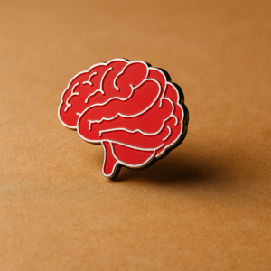 Bright red brain-shaped enamel brooch designed exclusively for neurologists and medical professionals.