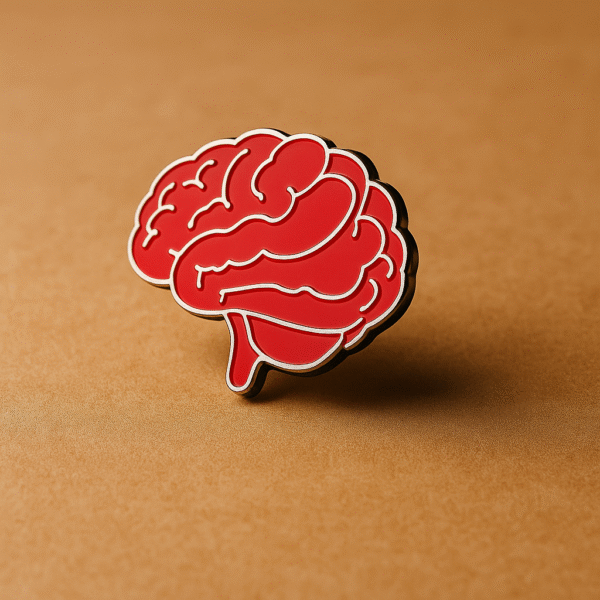 Bright red brain-shaped enamel brooch designed exclusively for neurologists and medical professionals.