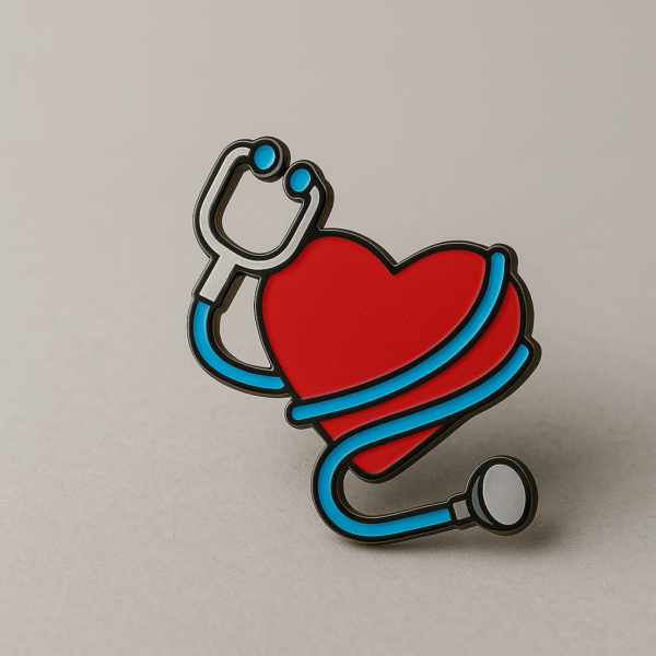 Colorful enamel brooch featuring a red heart wrapped with a blue stethoscope, designed exclusively for doctors.