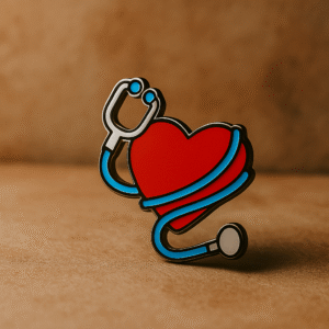 Colorful enamel brooch featuring a red heart wrapped with a blue stethoscope, designed exclusively for doctors.