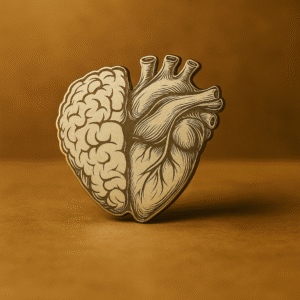 Antique-style brooch showing a fusion of brain and heart, symbolizing intelligence and compassion in medicine.