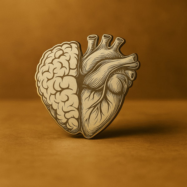 Antique-style brooch showing a fusion of brain and heart, symbolizing intelligence and compassion in medicine.