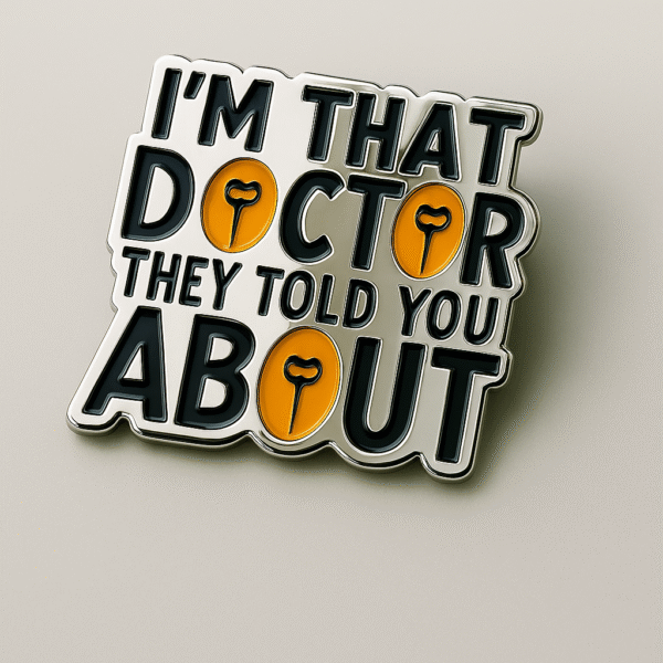 Metal brooch with bold typography reading “I’m that doctor they told you about,” with yellow accent O’s shaped like stethoscope heads.