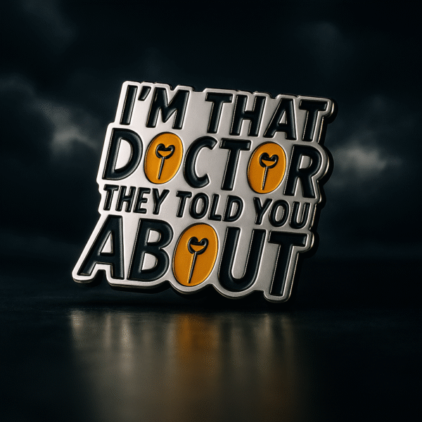 Metal brooch with bold typography reading “I’m that doctor they told you about,” with yellow accent O’s shaped like stethoscope heads.