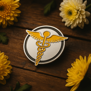 Circular metal brooch featuring a gold Caduceus symbol with wings and intertwined serpents, made for doctors.