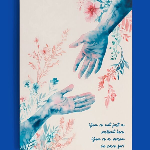 Watercolor hands reaching with floral accents and message "You’re not just a patient here. You’re a person we care for!" – hospital empathy poster