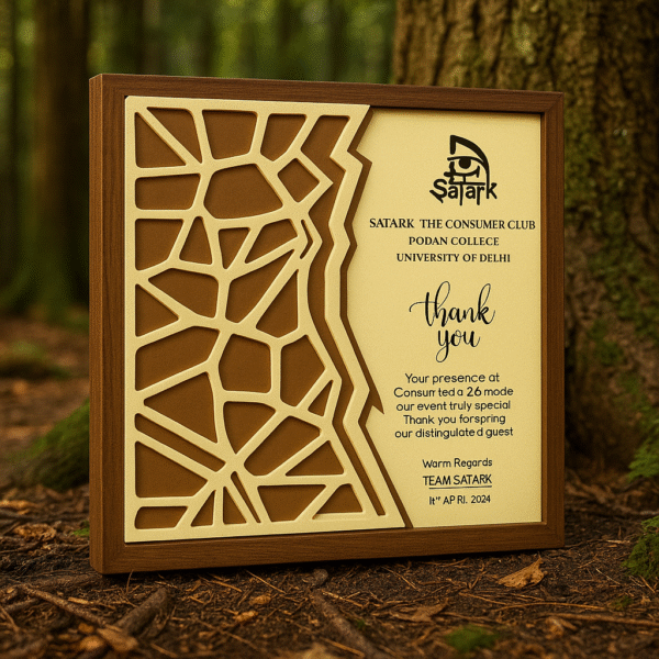 Doctor appreciation plaque with abstract lattice wood design and engraved thank-you note, framed in a solid wood border.