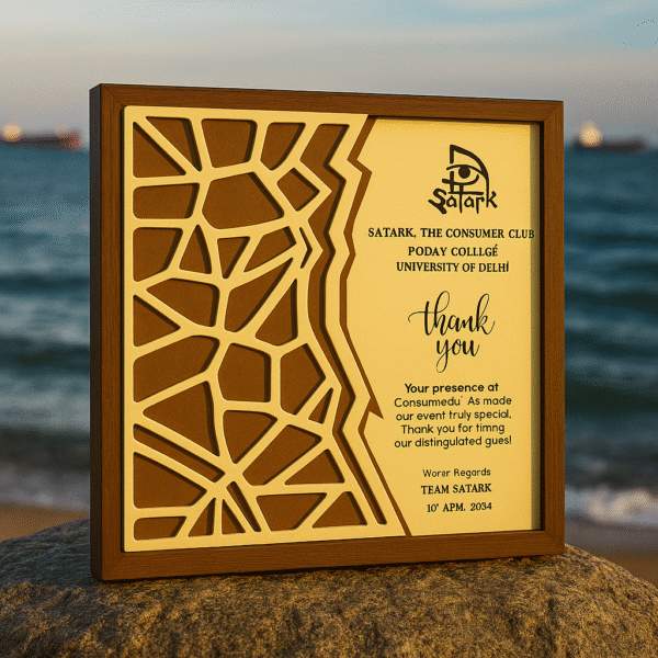Doctor appreciation plaque with abstract lattice wood design and engraved thank-you note, framed in a solid wood border.