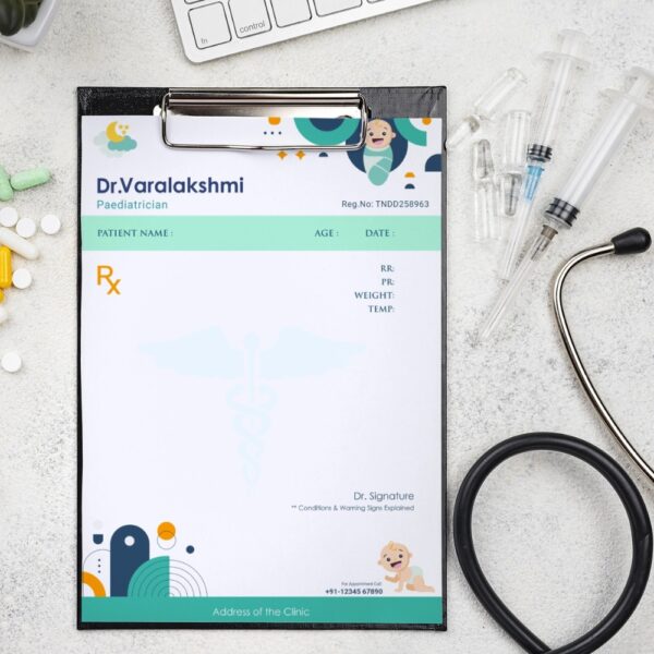 Personalized pediatric prescription pad with baby-themed design for Dr. Varalakshmi, featuring contact and clinic info space