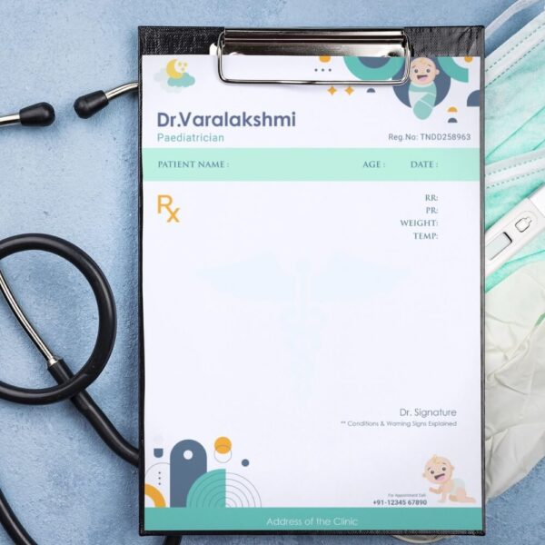 Personalized pediatric prescription pad with baby-themed design for Dr. Varalakshmi, featuring contact and clinic info space