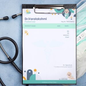 Personalized pediatric prescription pad with baby-themed design for Dr. Varalakshmi, featuring contact and clinic info space