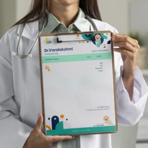 Personalized pediatric prescription pad with baby-themed design for Dr. Varalakshmi, featuring contact and clinic info space