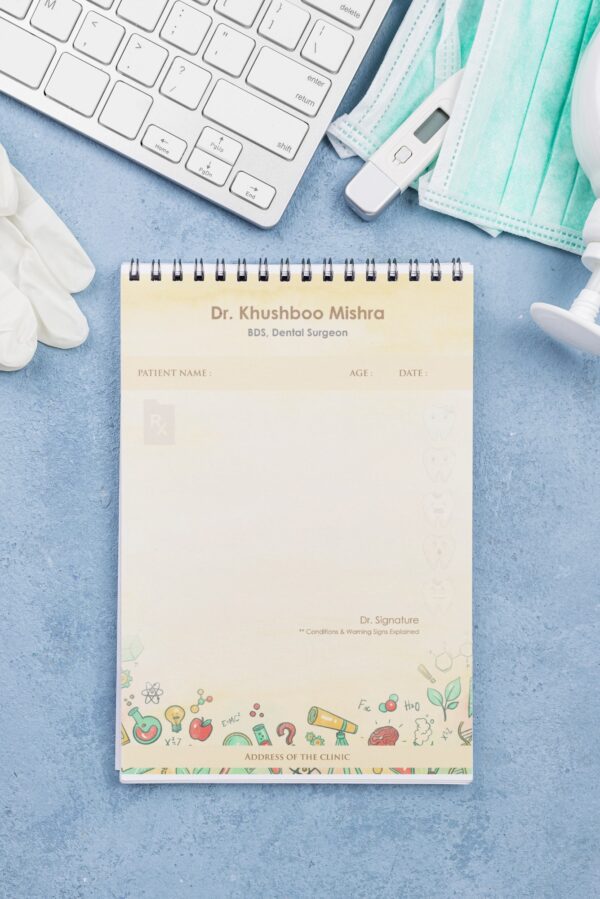 Personalized dental prescription pad with fun tooth illustrations, patient details section, and Dr. Khushboo Mishra’s name printed at the top.