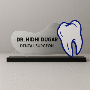 Custom dental name board with a metallic finish and 3D tooth design for dental surgeons