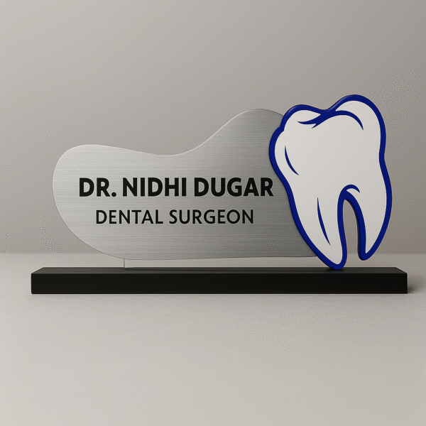 Custom dental name board with a metallic finish and 3D tooth design for dental surgeons